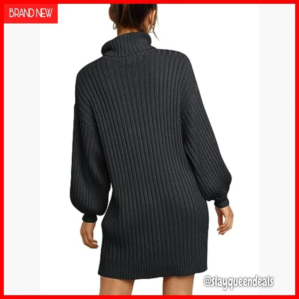 Oversized Turtleneck Sweater Dress Batwing Sleeve Ribbed Knit Casual